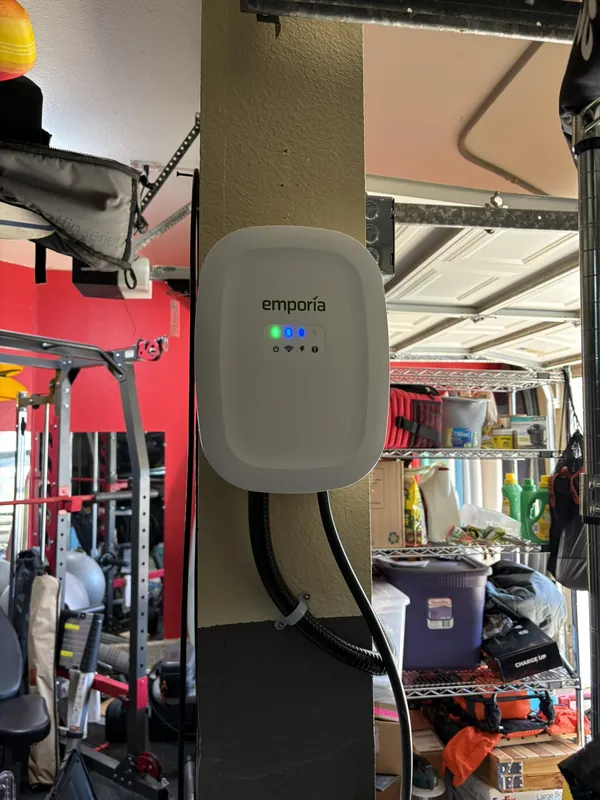 Emporia Level 2 EV charger installed in a garage