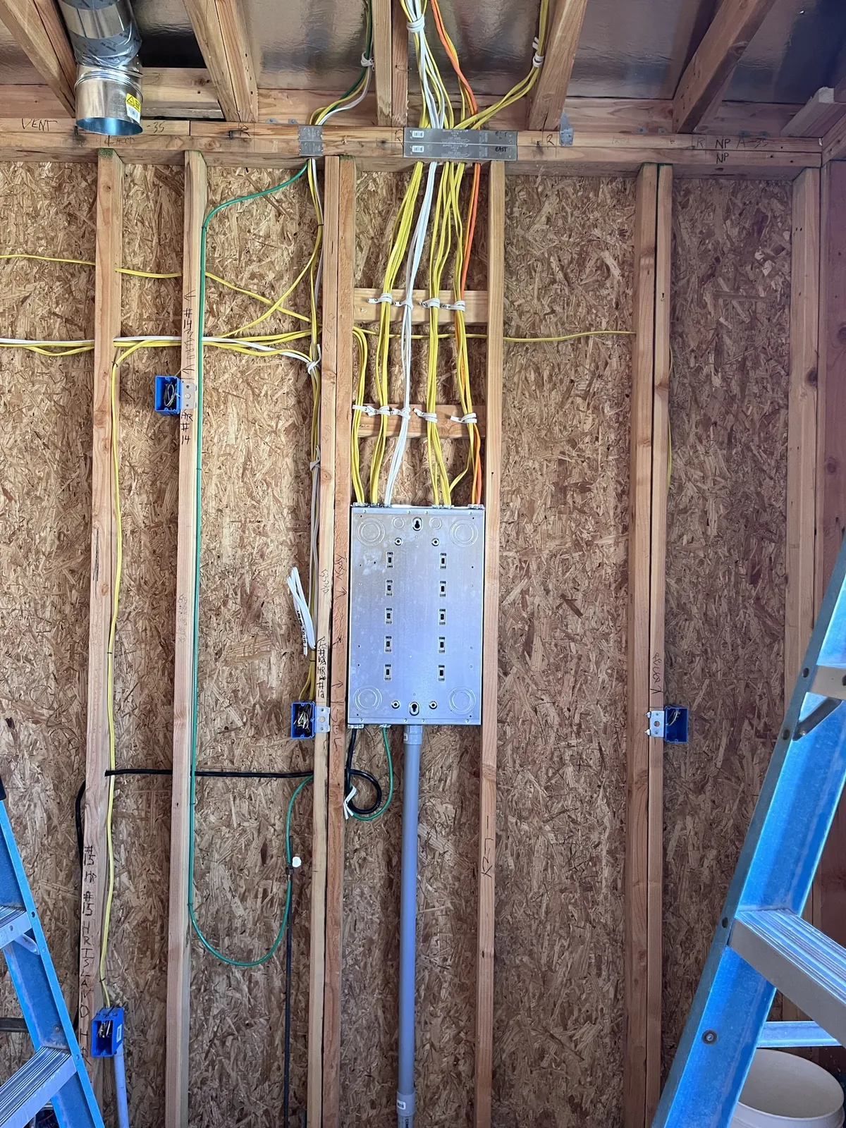 New construction electrical rough-in with panel and circuits
