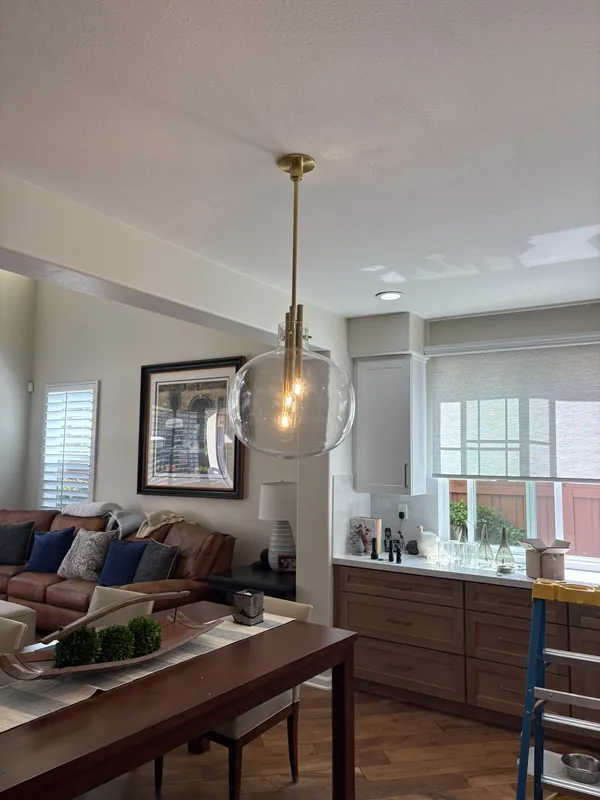 Pendant light in an open kitchen and living area